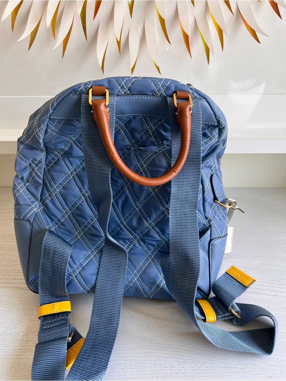 Tory Burch Quilted Blue Backpack with Tan Handles